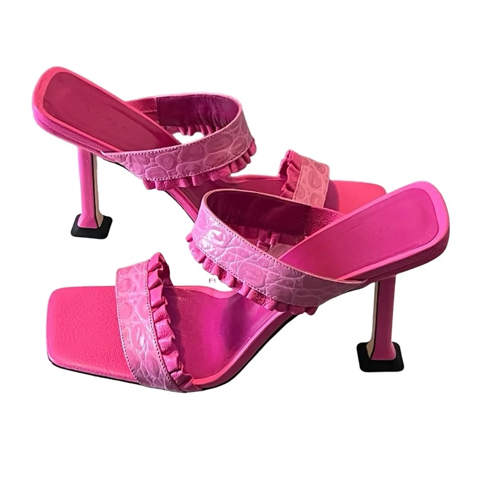 By‎ Far Sandals Pina Ruffled Croc-effect Leather Mules Sz 38 - Picture 3 of 10